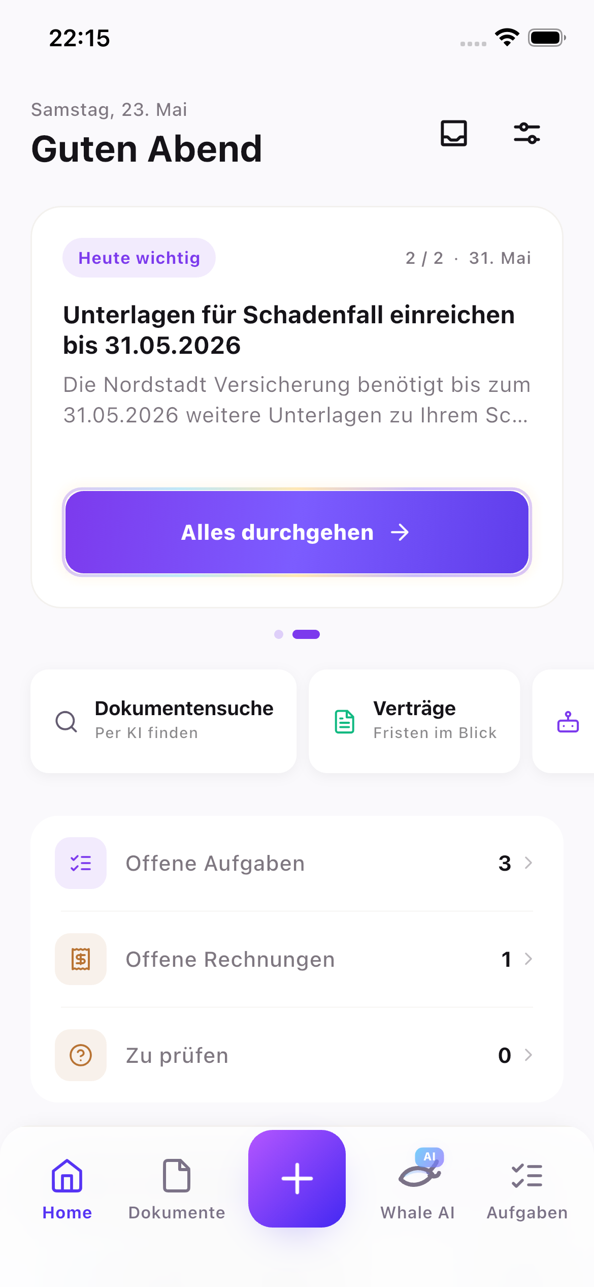DocuWhale Home-Screenshot mit wichtigen Aufgaben