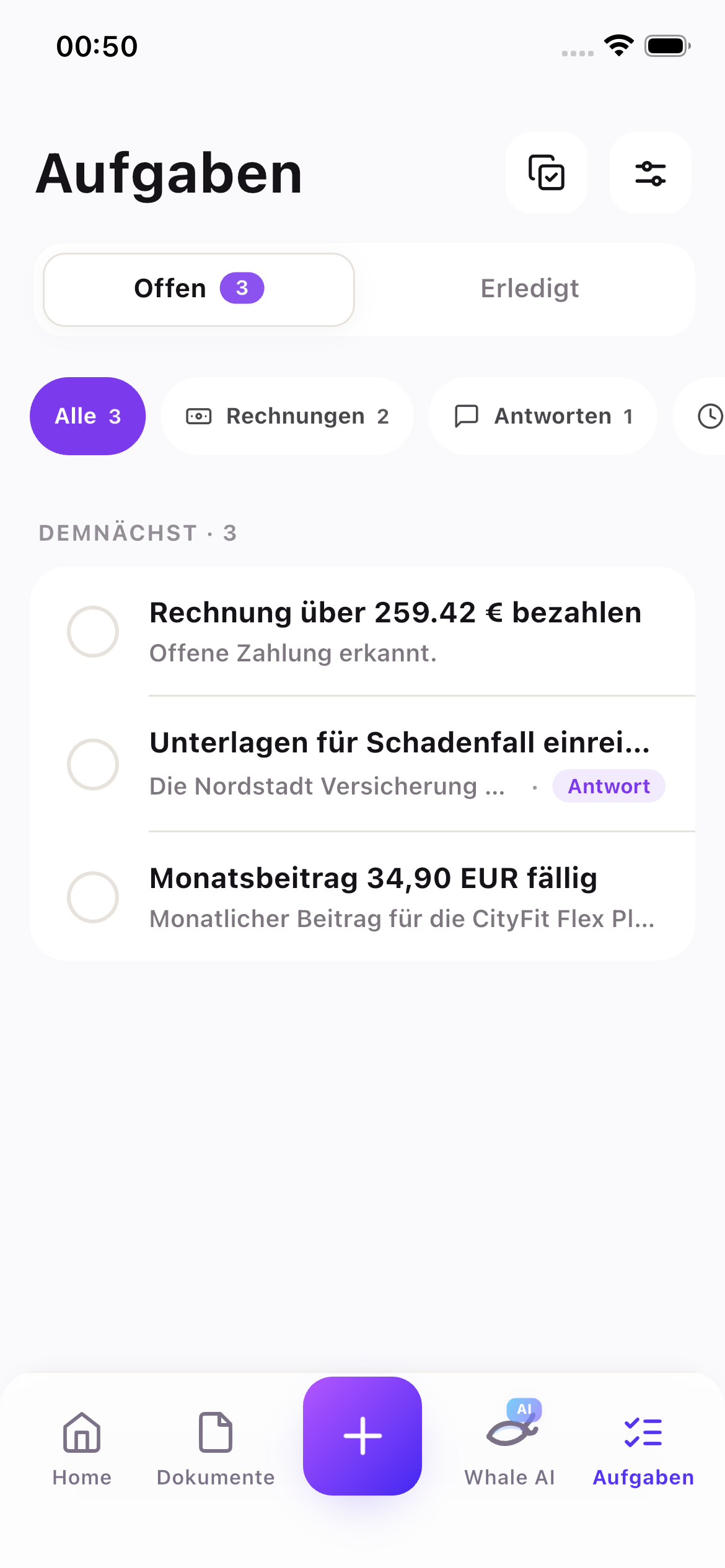 DocuWhale Aufgaben-Screenshot